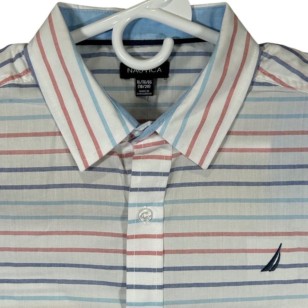 Nautica Boys XL 18/20 Short Sleeve Button Down Striped Shirt White New‎